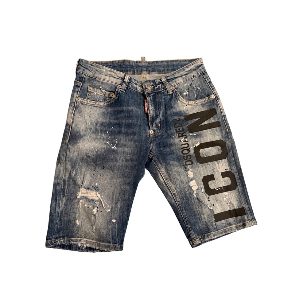 Dsquared2 Icon Denim Shorts Mens 46 Blue Distressed Splatter IT 46